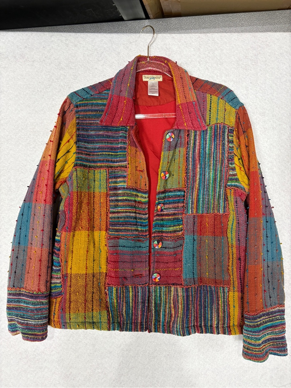 TravelSmith Multicolor Patchwork Jean Jacket - Red, Yellow, Teal, Orange, Pink - Picture 4 of 6